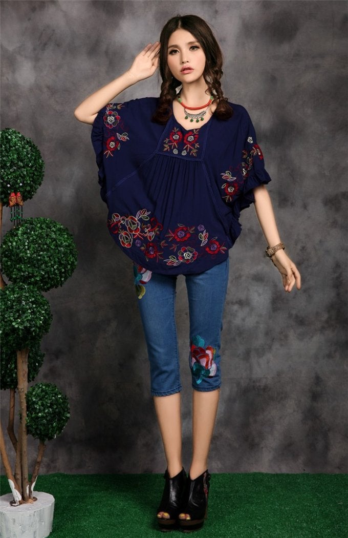 Kafeimali Women's Tops Batwing Floral Embroidered Loose Peasant Mexican Blouse (Navy Blue) - Image 2